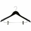 Hotel Wooden Hooked Coat Hanger - Chrome Standard Hook - Skirt Clips - 50 Per Case - Black Wood