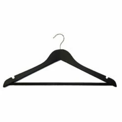 Hotel Wooden Hooked Coat Hanger - Chrome Standard Hook - Wooden Bar - 50 Per Case - Black Wood