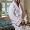 Cotton Velour And Towelling Bathrobe With Taupe Piping - Mitre Ambassador - Large - White