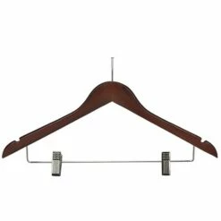 Hotel Wooden Security Coat Hanger - Chrome Security Stem - Skirt Clips - 50 Per Case - Dark Wood