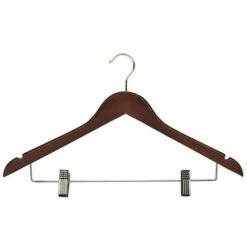 Hotel Wooden Hooked Coat Hanger - Chrome Standard Hook - Skirt Clips - 50 Per Case - Dark Wood