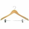 Hotel Wooden Hooked Coat Hanger - Standard Hook & Metal Bar & Skirt Clips - 50 Per Case - Light Wood