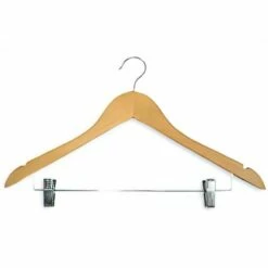Hotel Wooden Hooked Coat Hanger - Standard Hook & Metal Bar & Skirt Clips - 50 Per Case - Light Wood