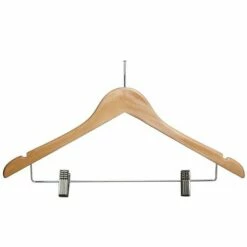 Hotel Wooden Security Coat Hanger - Chrome Security Stem - Skirt Clips - 50 Per Case - Light Wood