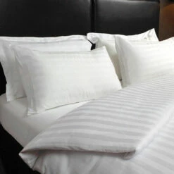 Hotel Pillow Cases - 1cm Satin Stripe - 100% Cotton - 250 Thread Count - Pair - White