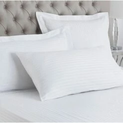 Hotel Pillow Cases - Oxford Style - 1cm Satin Stripe - 100% Cotton - 250tc - Pair - White
