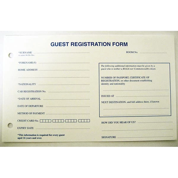 Guest Registration Form - Style A - 200x130mm (8x5 Inches)
